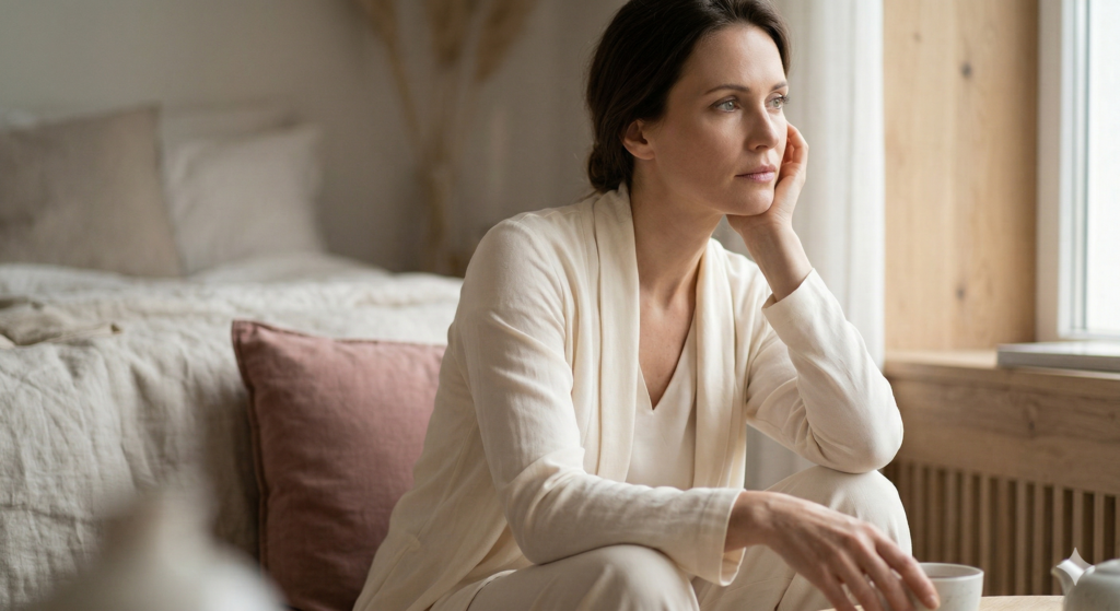 A soft, premium lifestyle photo of a woman in her late 30s, sitting alone on the floor I her bedroom in a bright, minimalist apartment. She is thinking about her life lost, eyes unfocused — not sad, but absent, somewhere between here and elsewhere. Natural morning light filters through sheer linen curtains. She is well-dressed, put-together, subtly elegant — the image of a successful woman. Yet something in her posture, a slight heaviness of the shoulders, a vague emptiness in her expression, suggests she is going through the motions of her day rather than truly living it