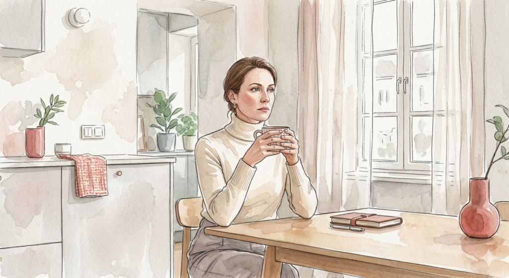 illustration femme pensive dans sa cuisine