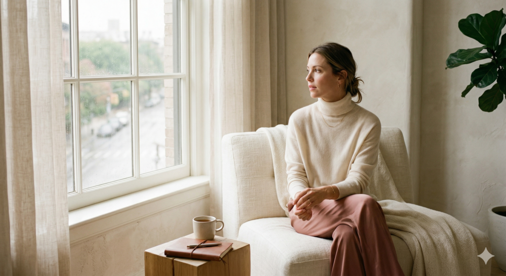 A soft, premium lifestyle photo of a woman in her late 30s sitting alone by a window, looking outside with a thoughtful and slightly distant expression. She is well-dressed but not smiling. Morning light filters through the window. The mood is quiet, introspective, melancholic but not dramatic. Color palette: warm ivory, dusty rose, soft cream tones. No text. Minimalist composition. Editorial photography style, high-end women's magazine aesthetic.