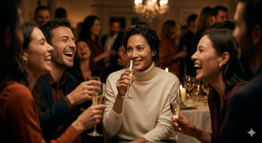A woman in her early 40s at a social gathering, surrounded by laughing people. She is smiling, but her eyes are distant, disconnected. The contrast between her composed exterior and her inner emptiness is subtle but visible. Warm ambient lighting, blurred background crowd. Color palette: warm ivory, dusty rose, deep shadows. Editorial photography style, high-end women's magazine, cinematic mood. No text.
