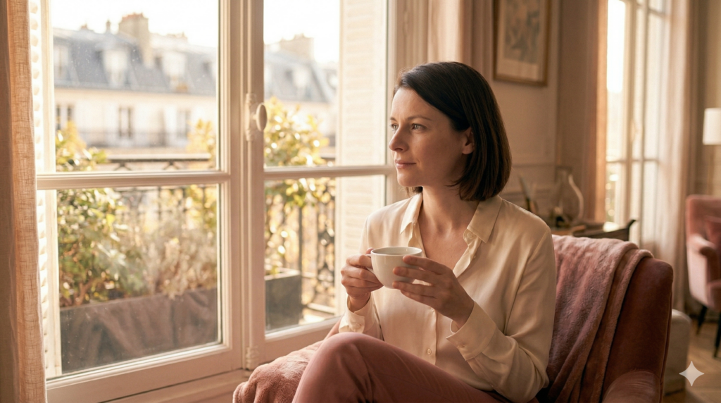 femme à sa fenêtre qui réfléchit à ses valeurs