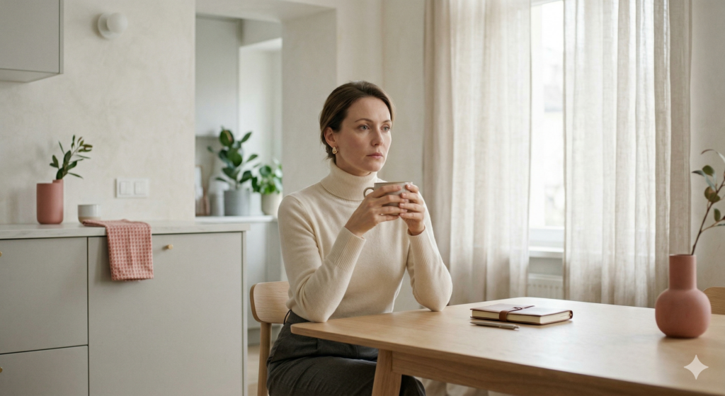 femme qui boit un thé, qui se sent vide et perdue dans sa vie